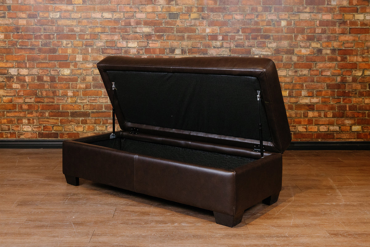 LARGE STORAGE OTTOMAN IN CHOCOLATE BROWN FLOOR MODEL