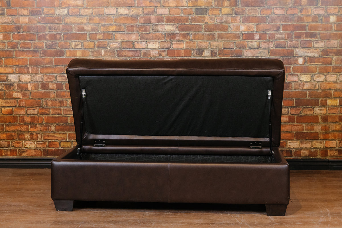 LARGE STORAGE OTTOMAN IN CHOCOLATE BROWN FLOOR MODEL
