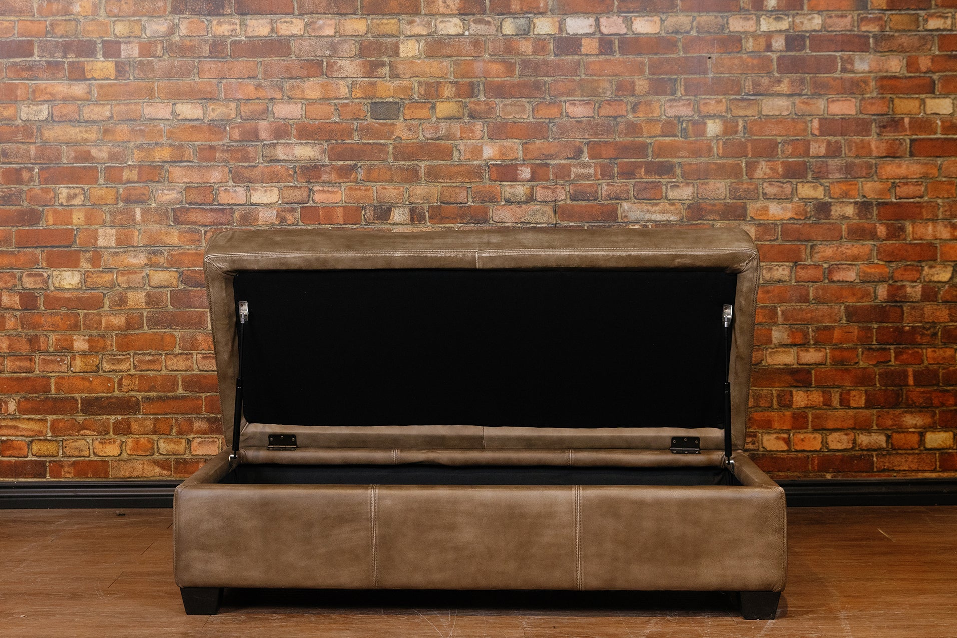 LARGE STORAGE OTTOMAN IN BURNISHED GREY TAUPE FLOOR MODEL