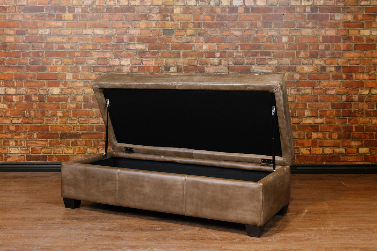 LARGE STORAGE OTTOMAN IN BURNISHED GREY TAUPE FLOOR MODEL