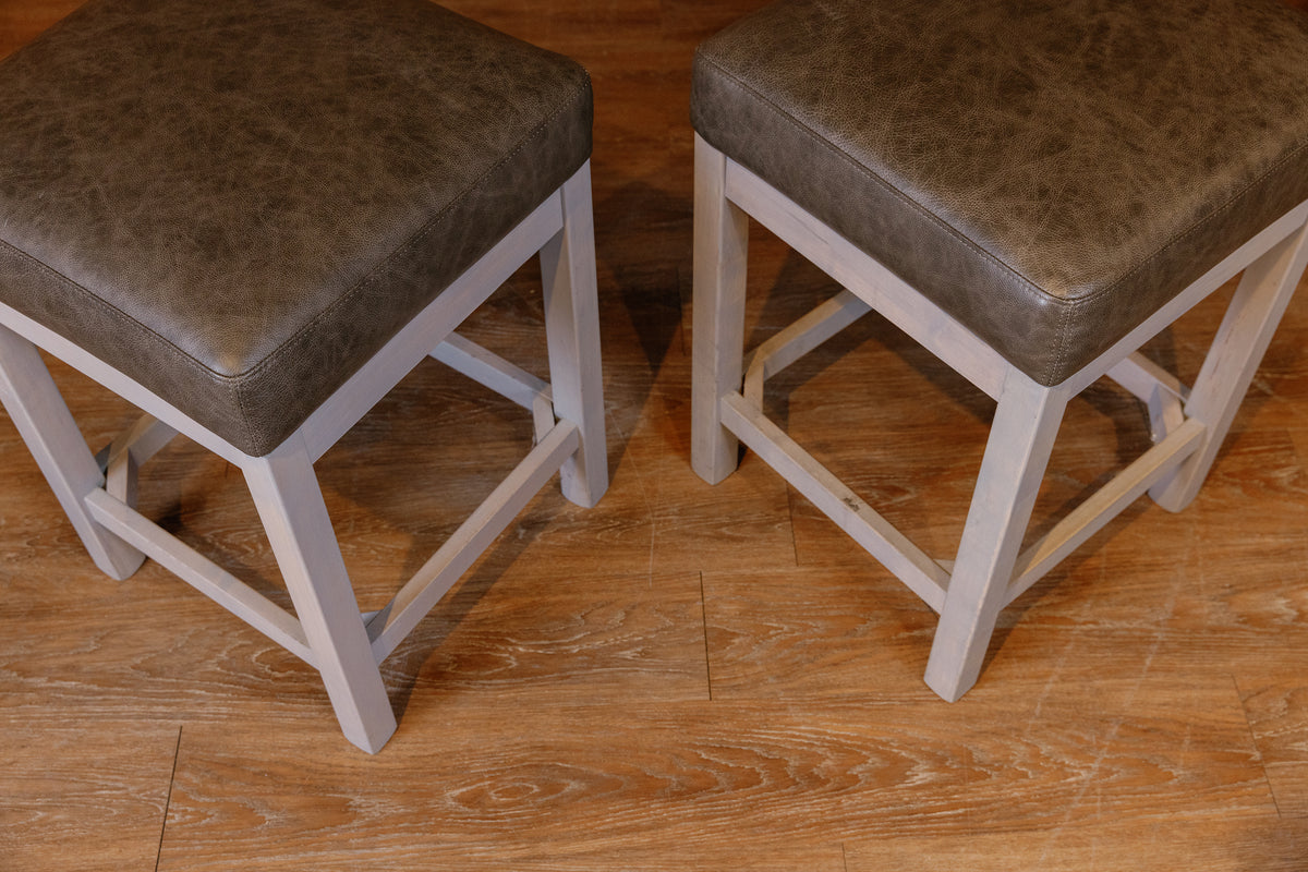 GREY LEATHER WOOD BASE STOOLS