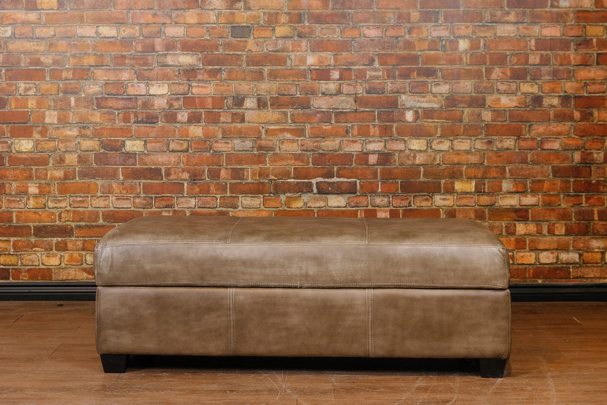 LARGE STORAGE OTTOMAN IN BURNISHED GREY TAUPE  FLOOR MODEL