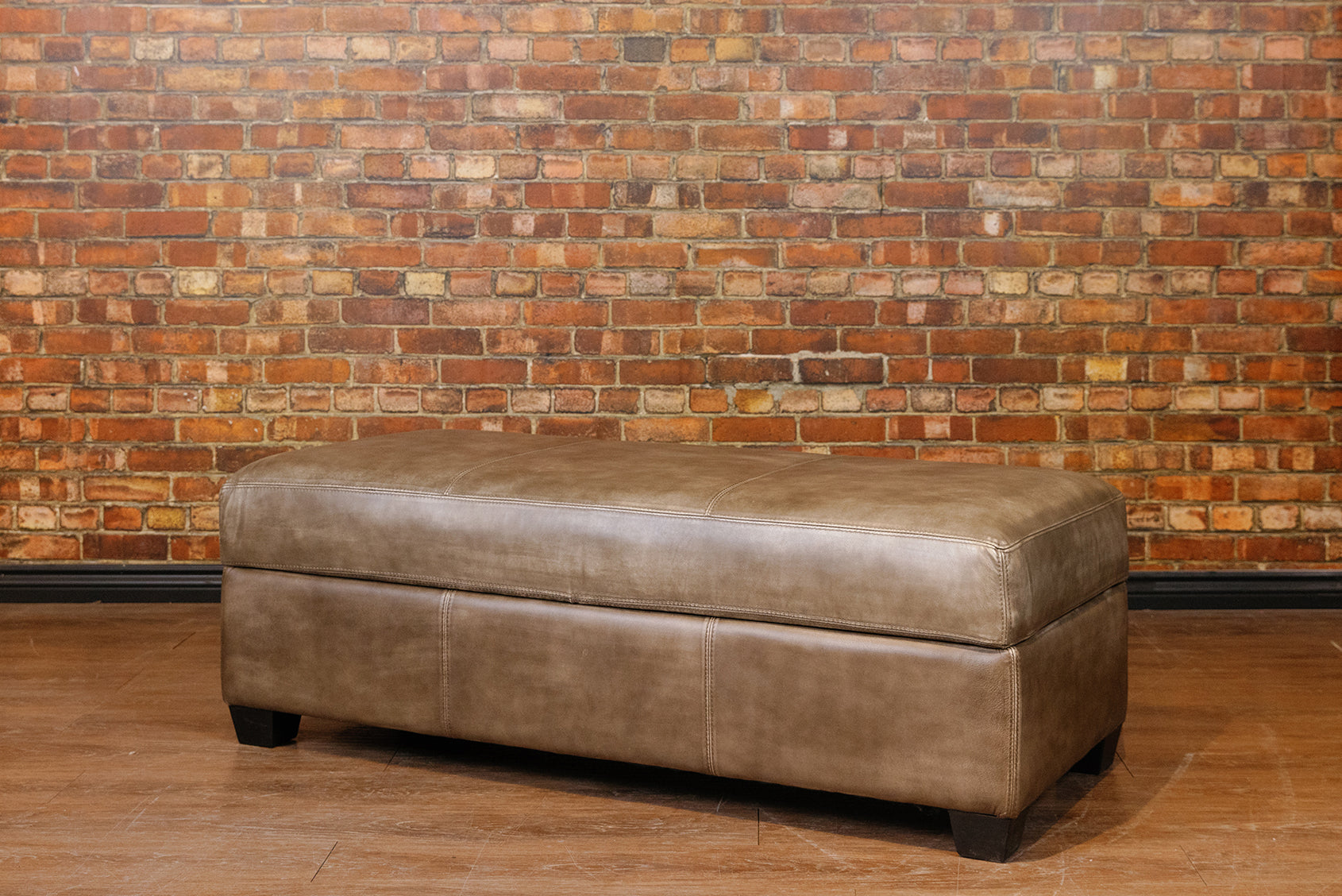 LARGE STORAGE OTTOMAN IN BURNISHED GREY TAUPE  FLOOR MODEL